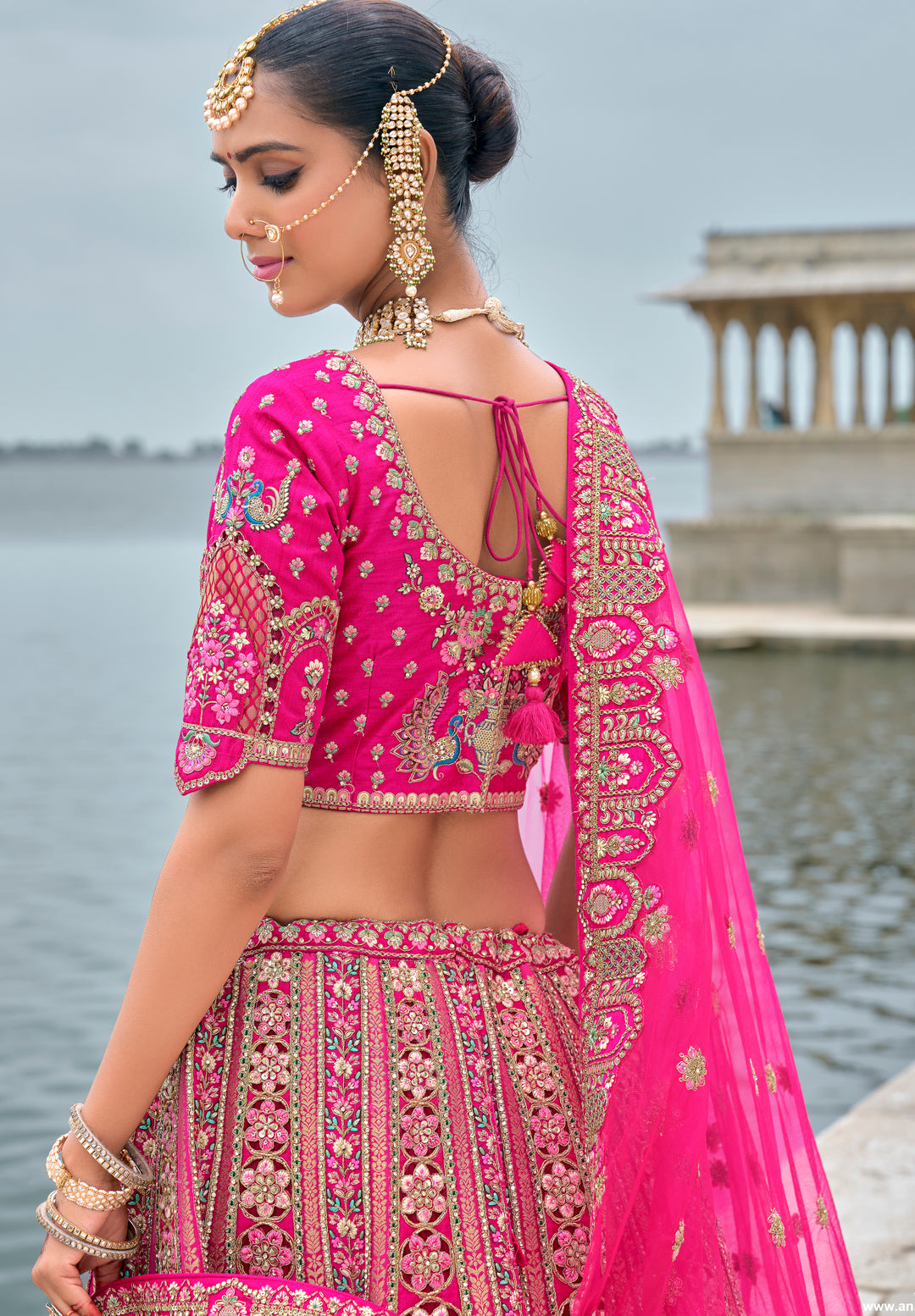 Hot Pink Silk & Art Silk Lehenga Choli with Heavy Thread Embroidery, Zari, and Sequins Work