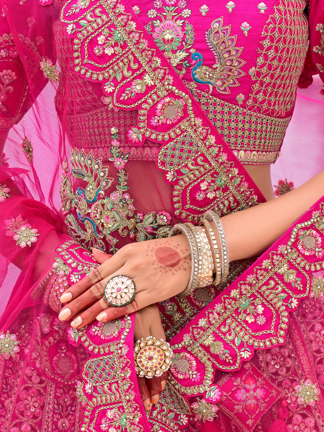 Hot Pink Silk & Art Silk Lehenga Choli with Heavy Thread Embroidery, Zari, and Sequins Work