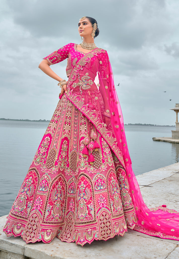 Hot Pink Silk & Art Silk Lehenga Choli with Heavy Thread Embroidery, Zari, and Sequins Work