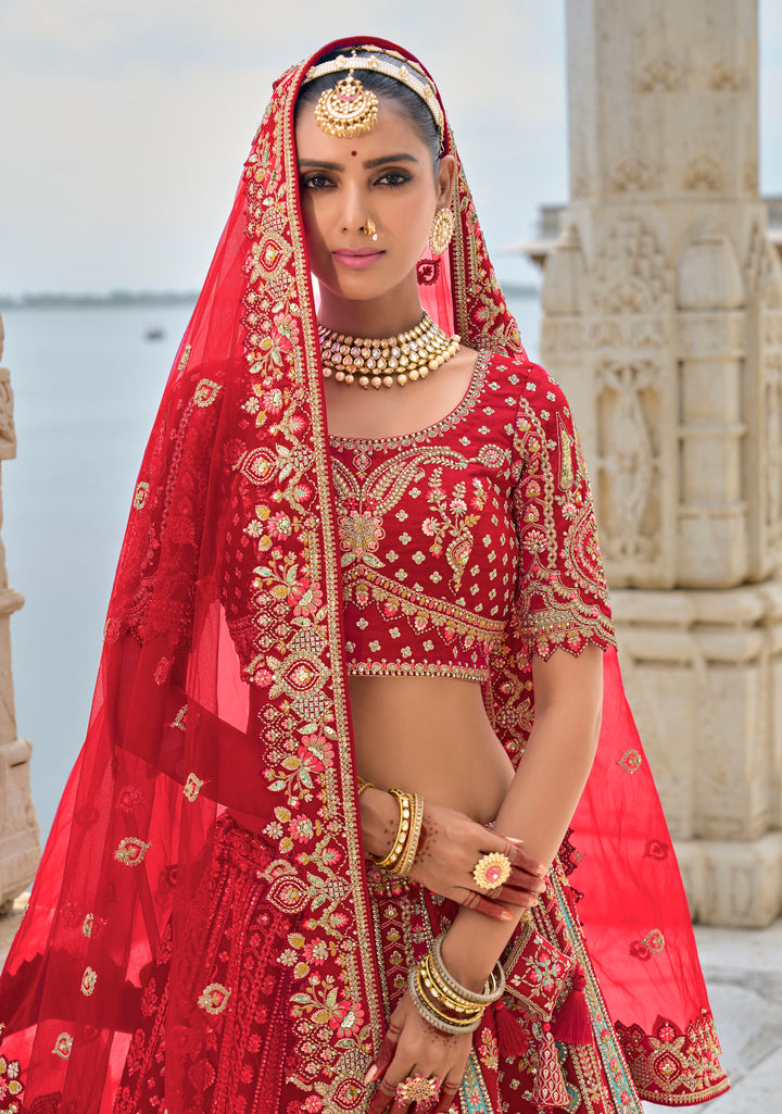 Maroon Silk & Art Silk Lehenga Choli with Heavy Thread Embroidery, Zari, and Sequins Work