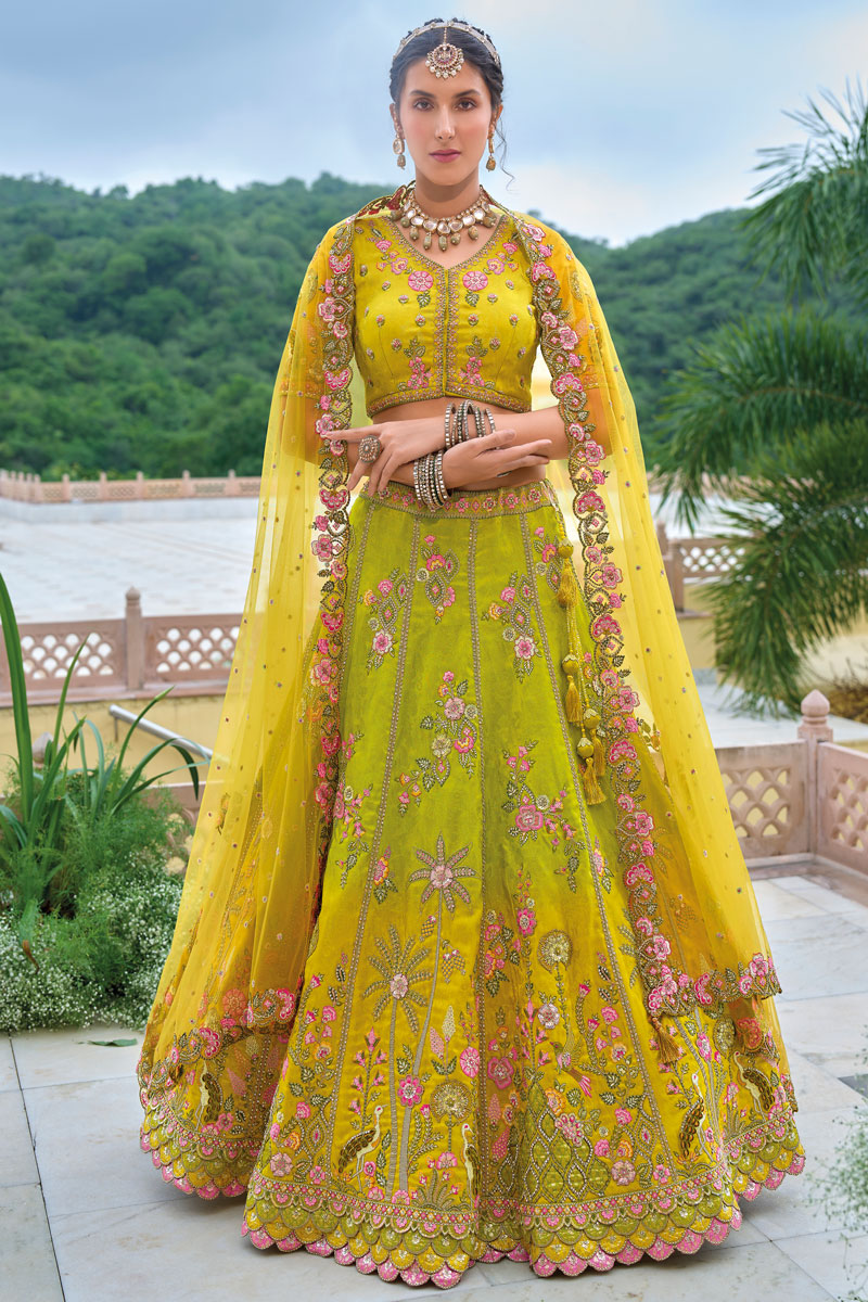 Lemon Yellow Embroidered Lehenga | Trendy Silk Lehenga Choli Set