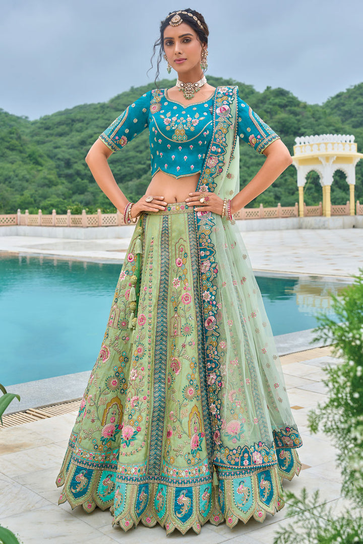 Sage Green Bridal Lehenga | Party Wear Lehenga with Embroidered Blouse