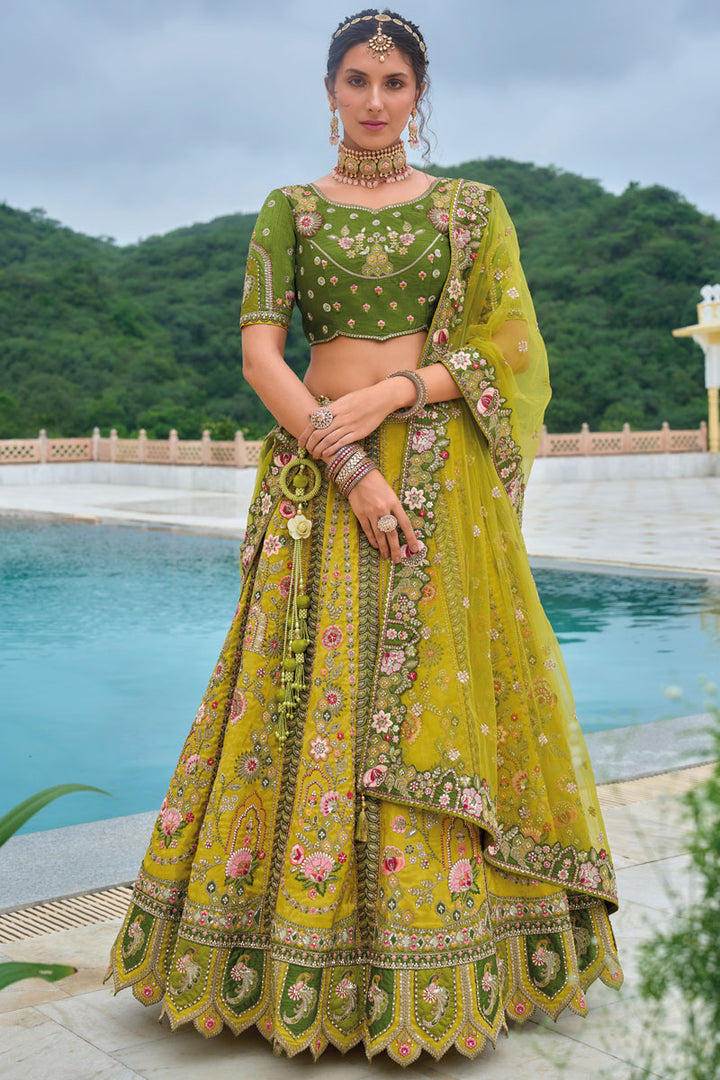 Mustard Designer Lehenga | Heavy Embroidered Lehenga with Mehendi Blouse