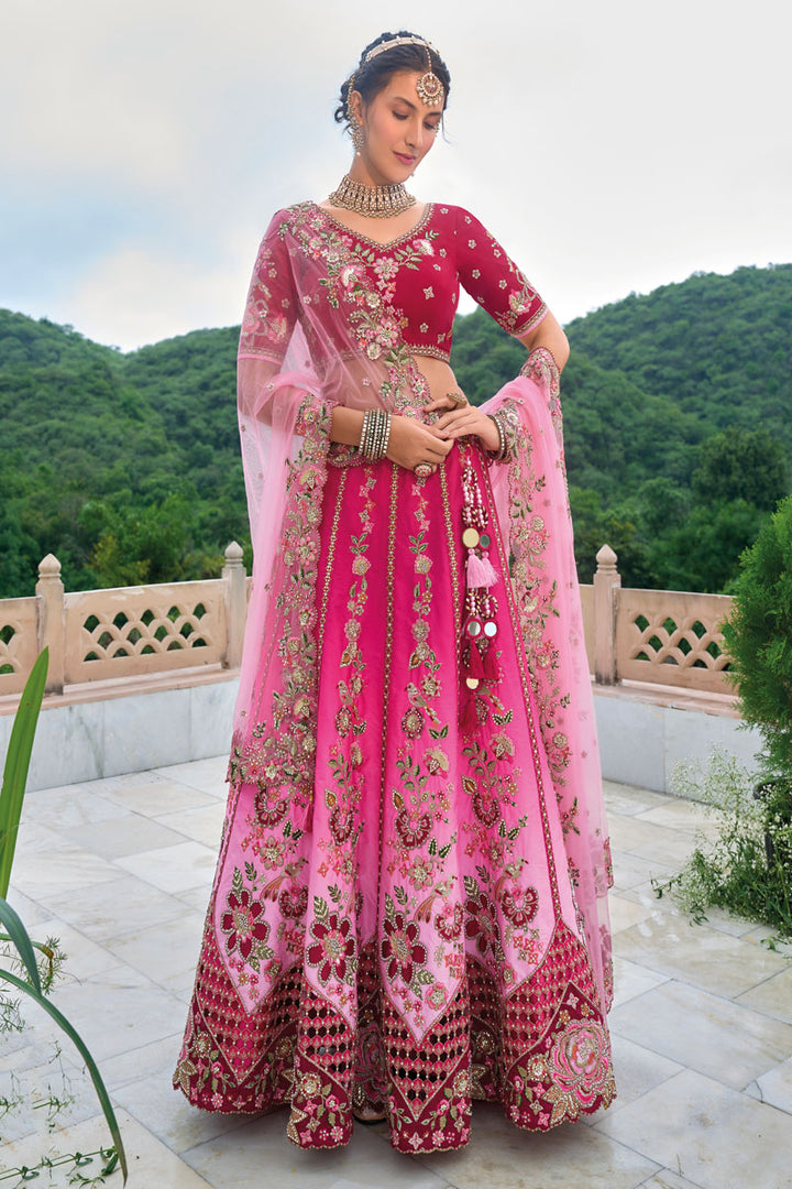 Bridal Rani Pink Lehenga Set | Heavy Embroidered Lehenga with Light Pink Dupatta