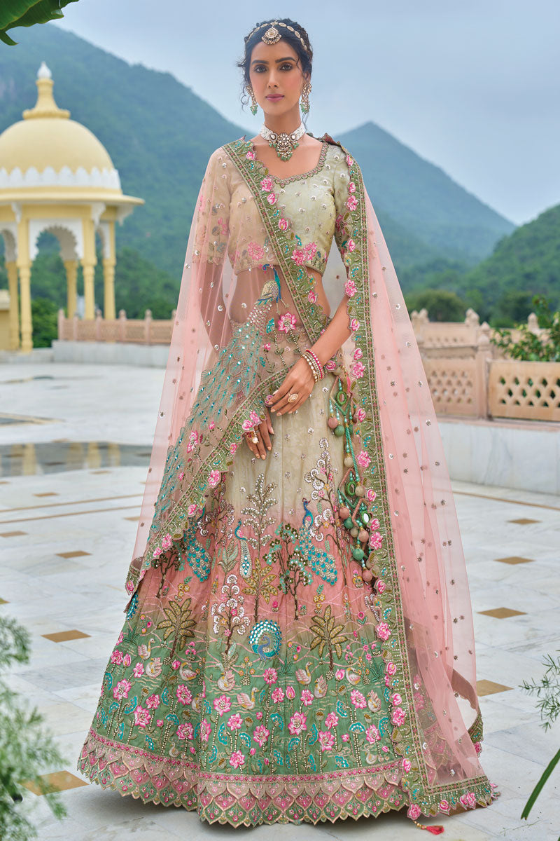 Heavy Embroidered Multicolor Lehenga | Bridal Lehenga with Grey Blouse