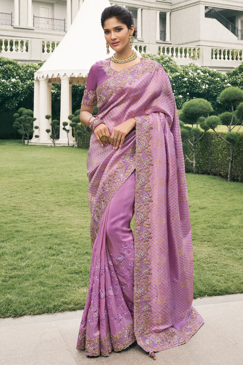 Lavender Tissue Silk Saree | Embroidered Sadi with Zari & Stone Work