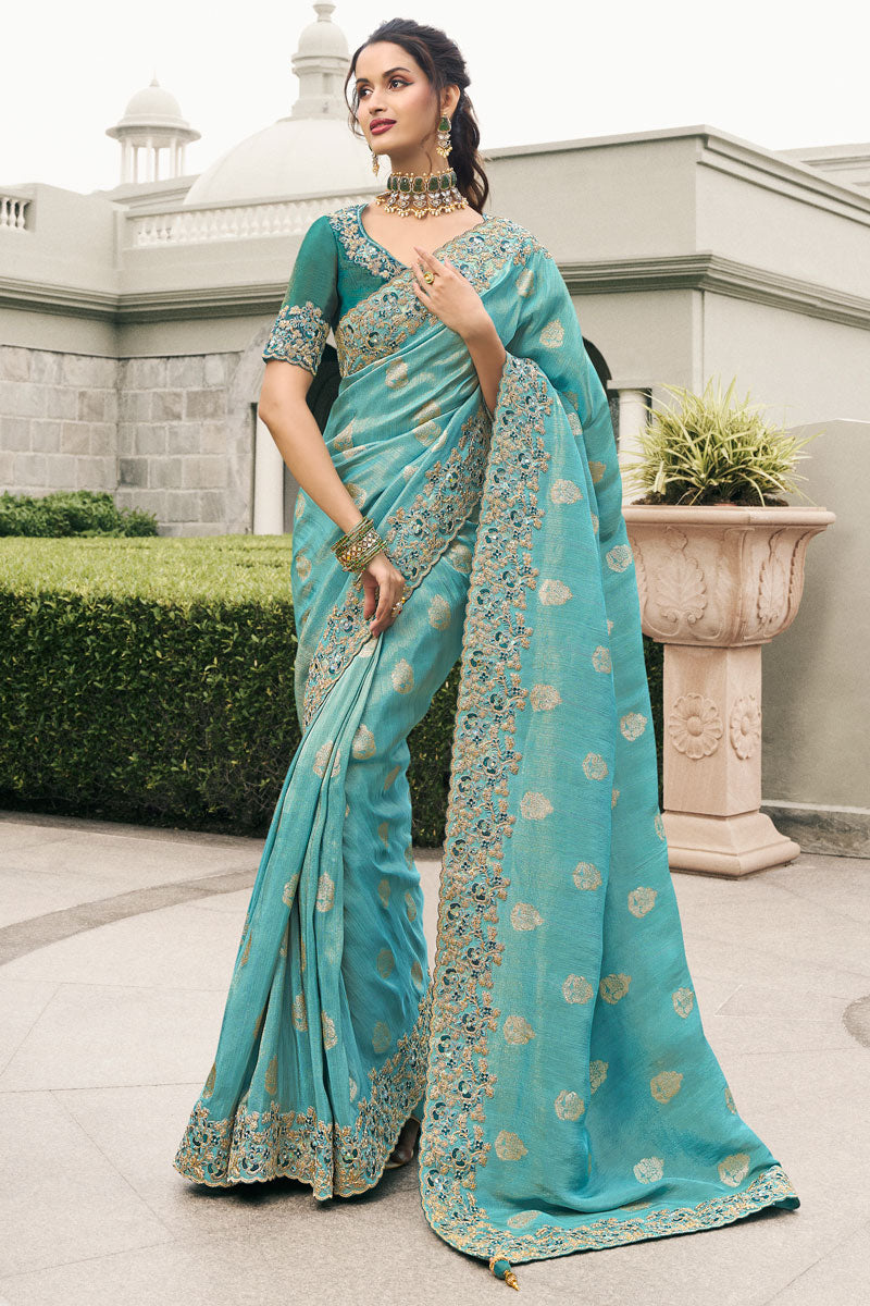 Sky Blue Tissue Silk Saree | Embroidered Sadi with Real Mirror Work