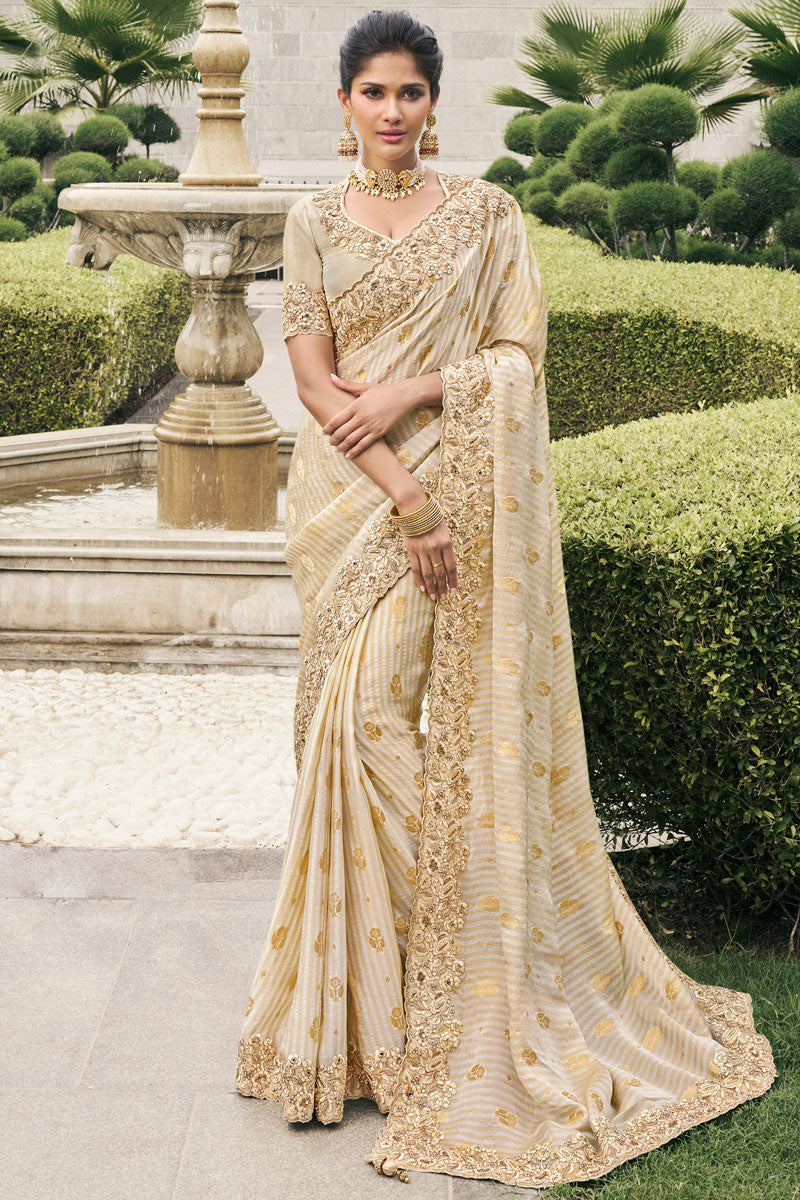 Radiant Cream Saree | Embroidered Tissue Silk with Pearls & Zari Work