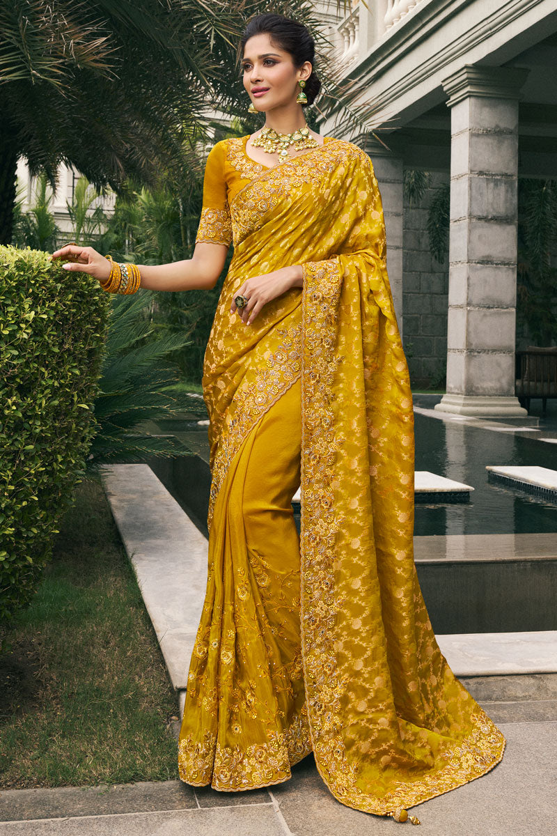 Elegant Mustard Yellow Tissue Silk Saree | Real Mirror & Zari Work