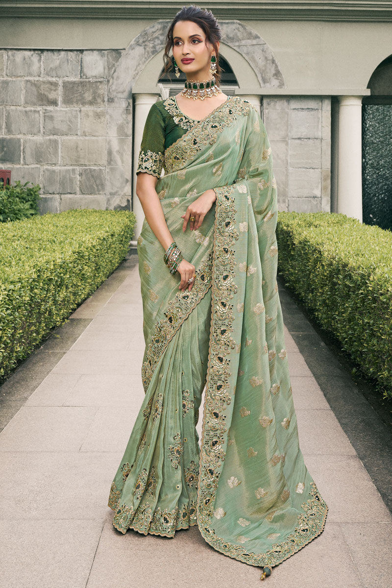 Timeless Sage Green Tissue Silk Saree | Real Mirror & Floral Embroidery