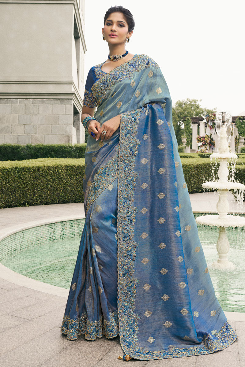 Elegant Blue Saree with Intricate Embroidery | Shimmering Motifs & Rich Border