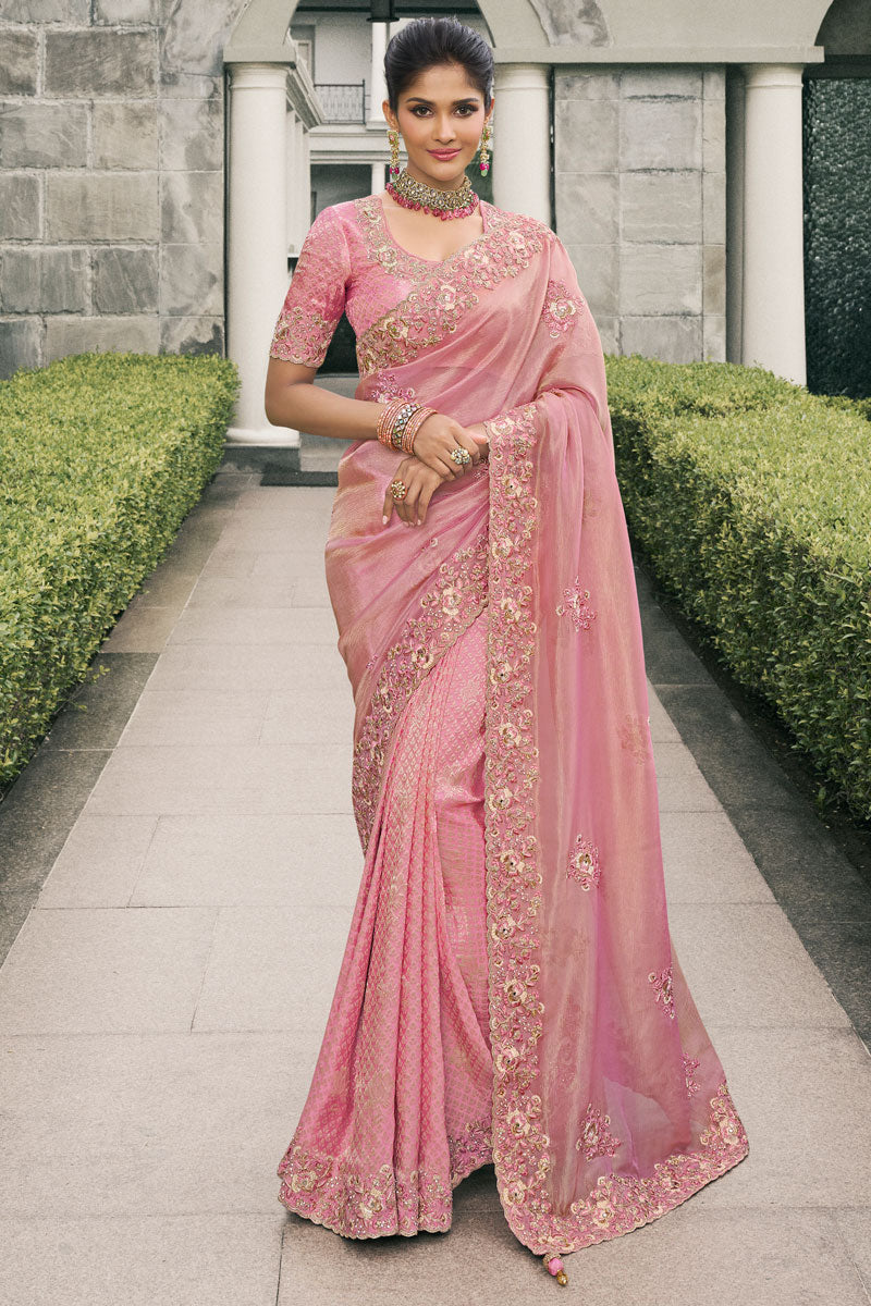 Elegant Half-and-Half Pink Saree | Intricate Embroidery & Sheer Pallu