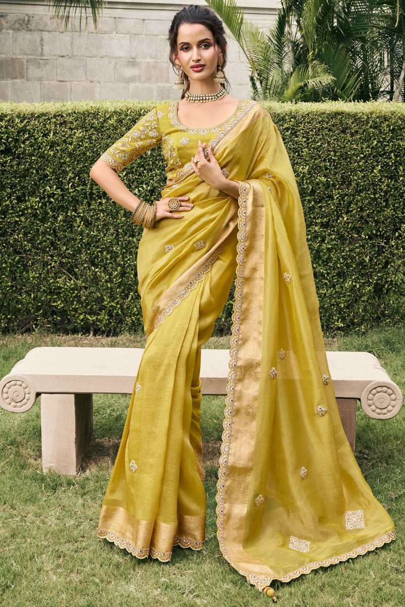 Stunning Mustard Woven Saree | Elegant Tissue Silk with Intricate Embroidery