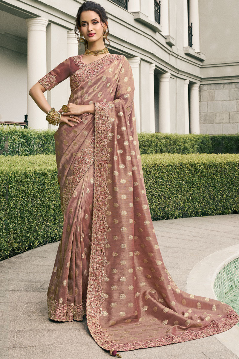 Enchanting Rose Gold Saree | Intricate Woven Pattern & Elegant Embroidery