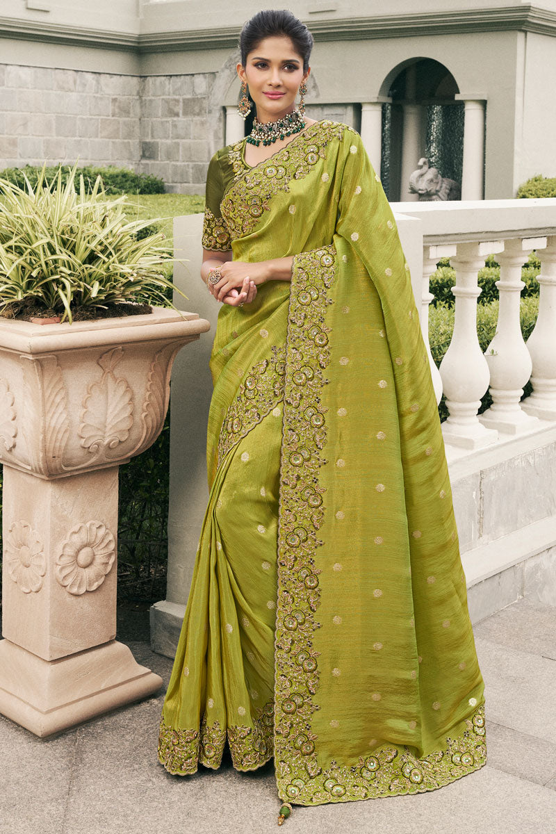 Stunning Mehendi Green Saree | Traditional Elegance with Modern Embellishments