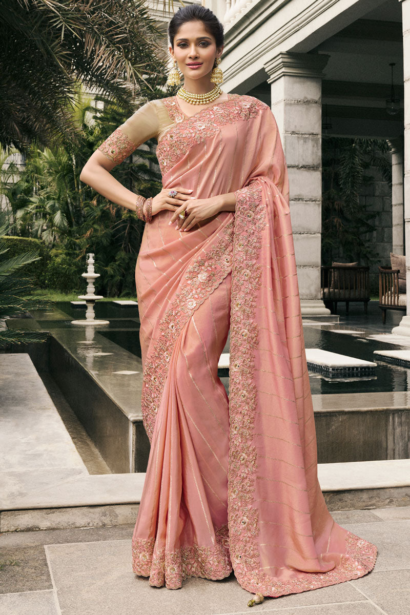 Radiant Peach Saree with Embellished Blouse | Traditional Elegance & Modern Style