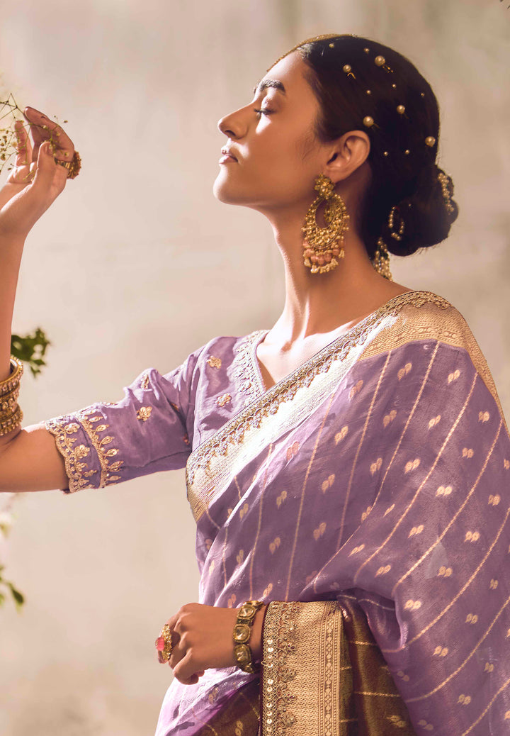 Silk Saree with Jacquard Woven Design, Embroidered Lace Border & Blouse – Lavender Elegance