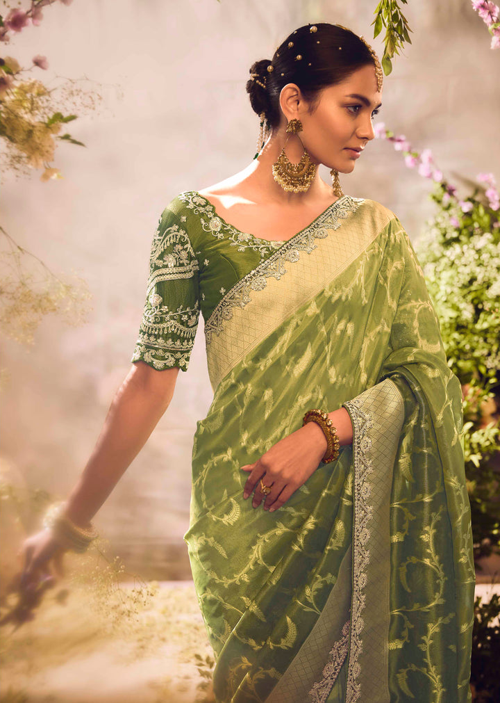 Silk Saree with Jacquard Woven Design, Embroidered Lace Border & Blouse – Mehendi Green Elegance