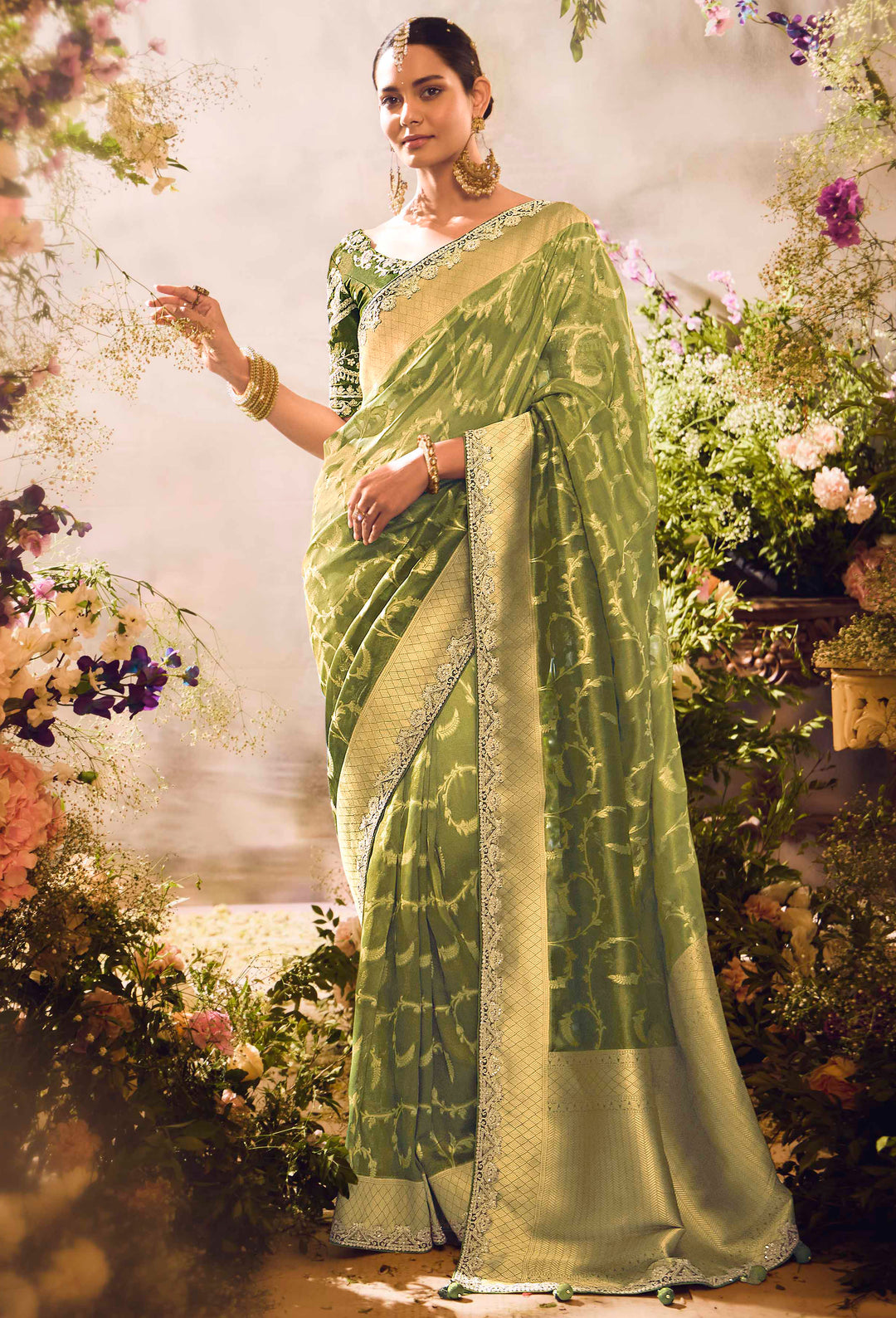 Silk Saree with Jacquard Woven Design, Embroidered Lace Border & Blouse – Mehendi Green Elegance