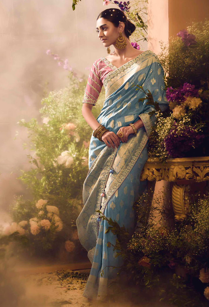 Light Blue Silk Saree with Jacquard Woven Design, Embroidered Lace Border & Pink Blouse