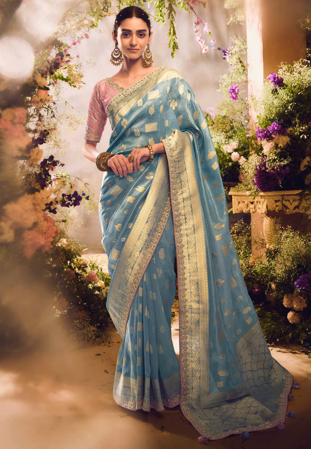 Light Blue Silk Saree with Jacquard Woven Design, Embroidered Lace Border & Pink Blouse