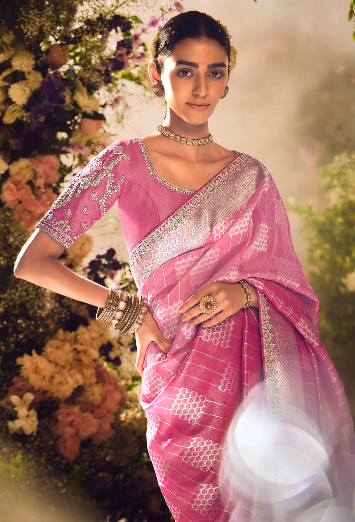 Pink Silk Saree with Jacquard Woven Design, Embroidered Lace Border & Matching Pink Blouse