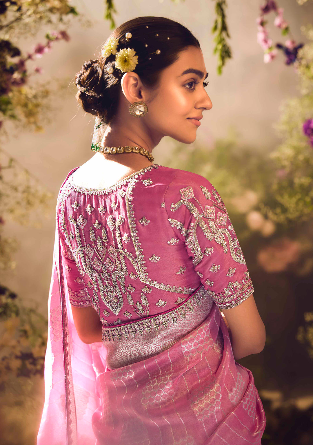 Pink Silk Saree with Jacquard Woven Design, Embroidered Lace Border & Matching Pink Blouse