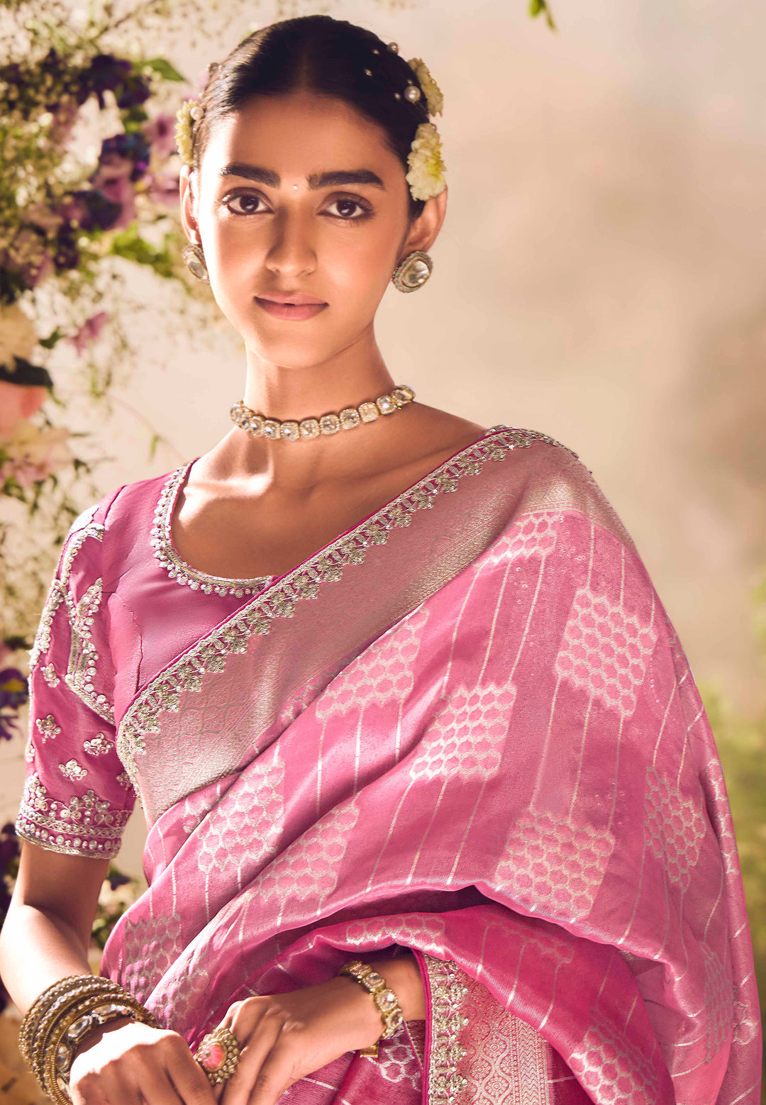 Pink Silk Saree with Jacquard Woven Design, Embroidered Lace Border & Matching Pink Blouse