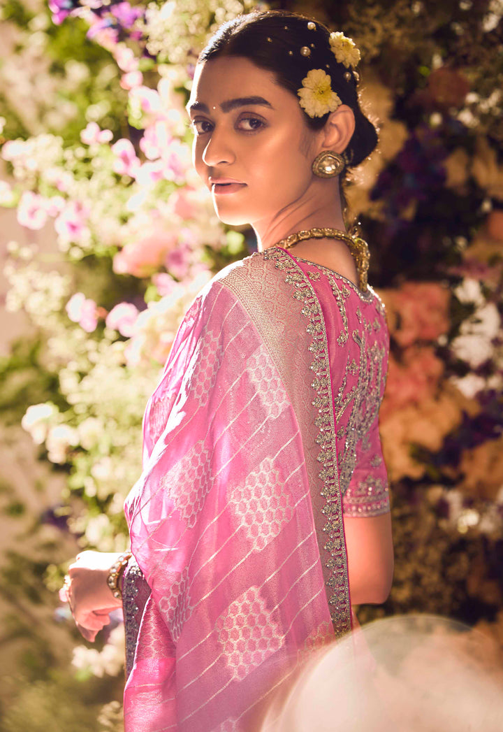 Pink Silk Saree with Jacquard Woven Design, Embroidered Lace Border & Matching Pink Blouse