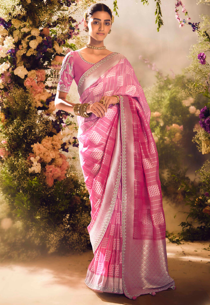 Pink Silk Saree with Jacquard Woven Design, Embroidered Lace Border & Matching Pink Blouse