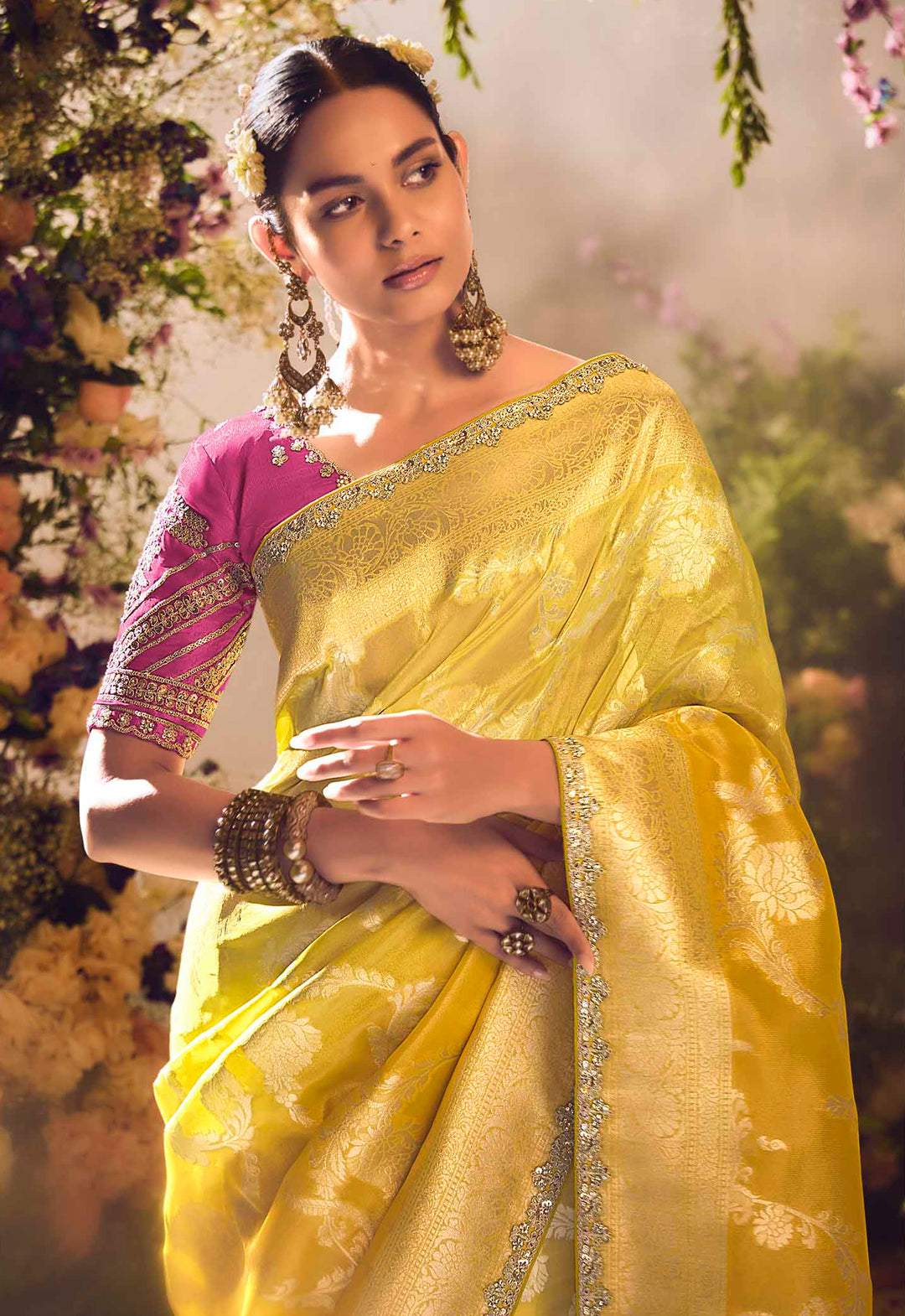 Mustard Silk Saree with Jacquard Woven Design, Embroidered Lace Border & Rani Pink Blouse