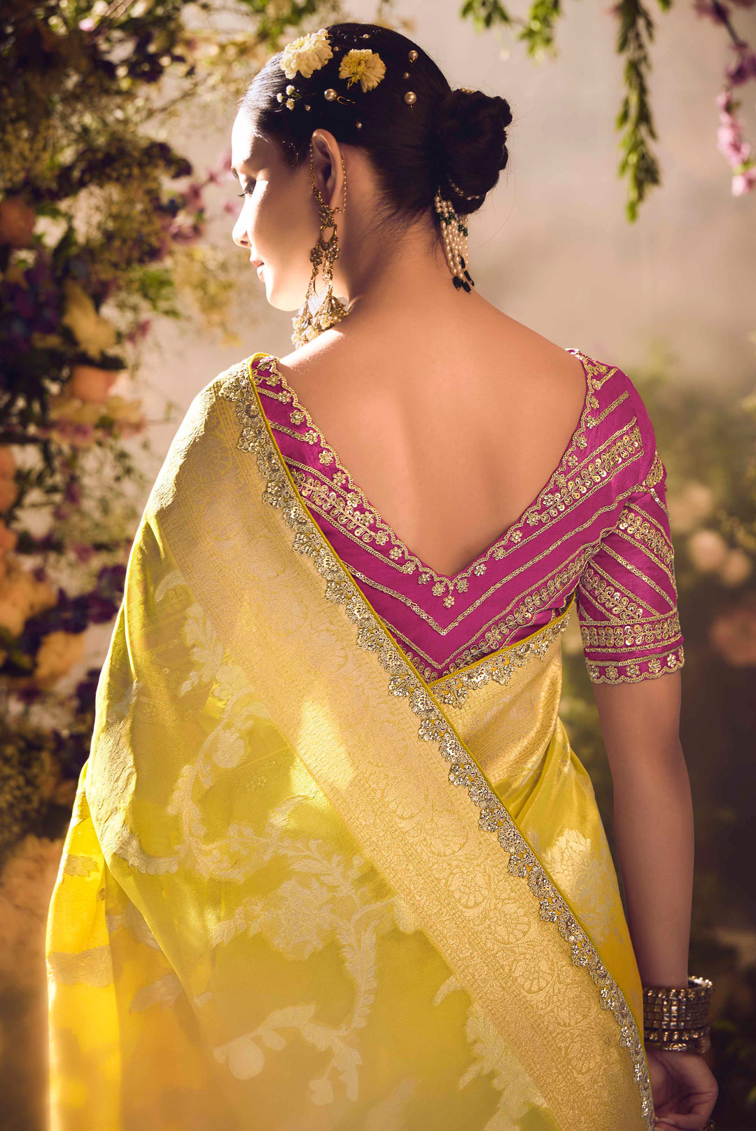 Mustard Silk Saree with Jacquard Woven Design, Embroidered Lace Border & Rani Pink Blouse