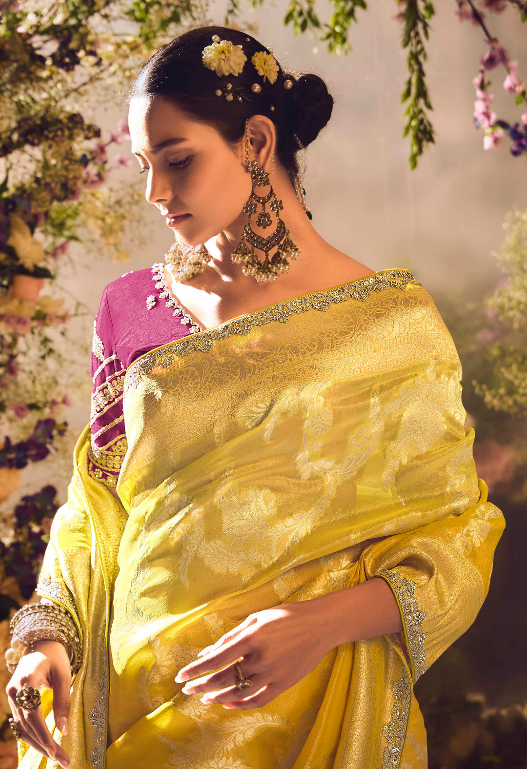 Mustard Silk Saree with Jacquard Woven Design, Embroidered Lace Border & Rani Pink Blouse