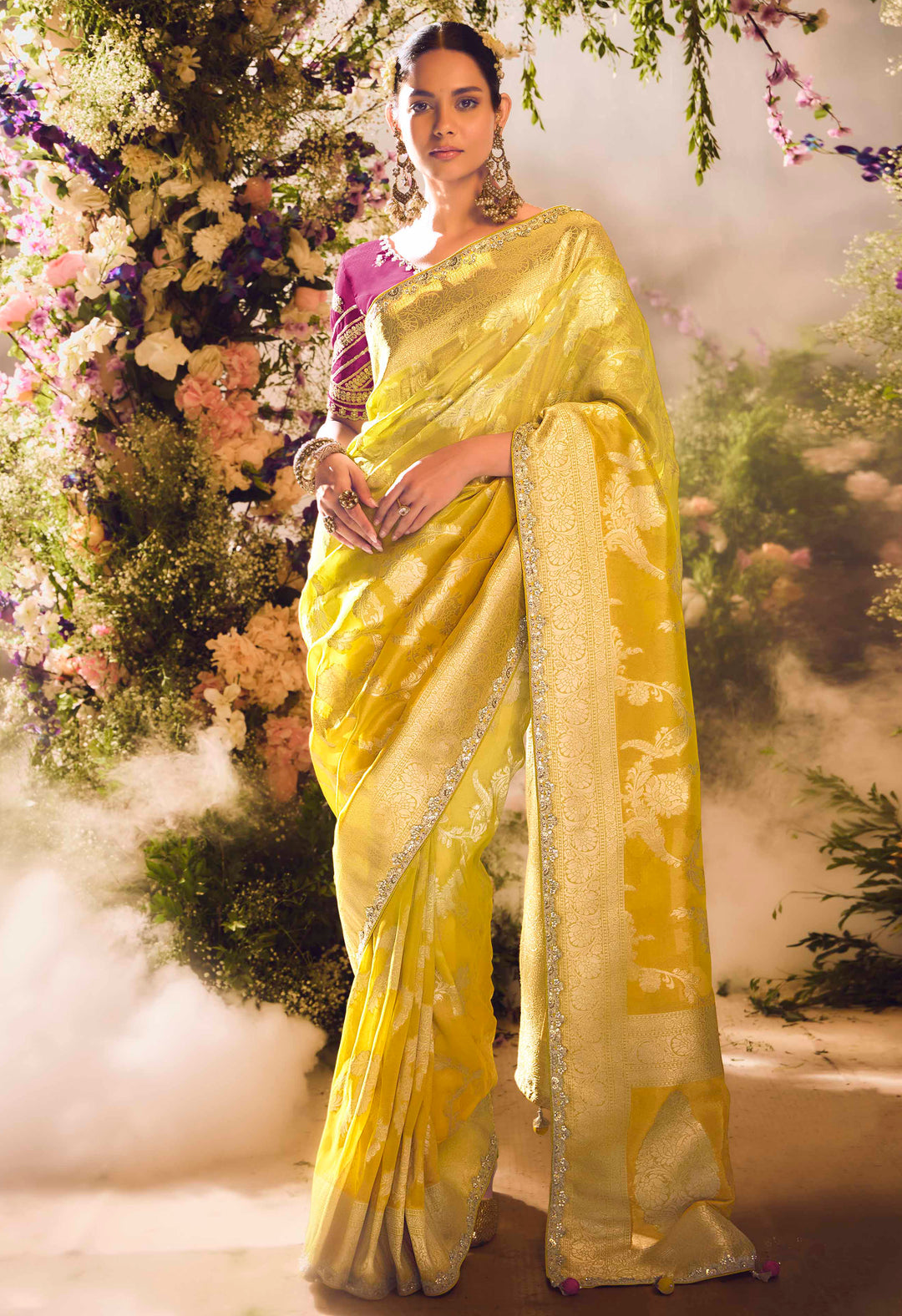 Mustard Silk Saree with Jacquard Woven Design, Embroidered Lace Border & Rani Pink Blouse