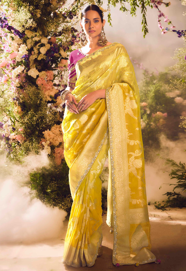 Mustard Silk Saree with Jacquard Woven Design, Embroidered Lace Border & Rani Pink Blouse