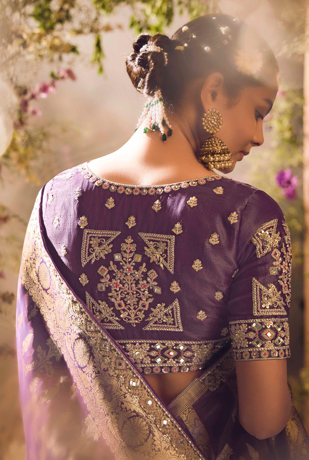 Purple Silk Saree with Jacquard Woven Design, Embroidered Lace Border & Matching Blouse