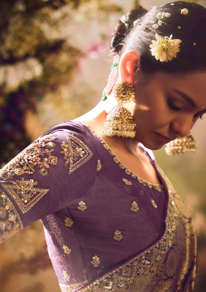 Purple Silk Saree with Jacquard Woven Design, Embroidered Lace Border & Matching Blouse