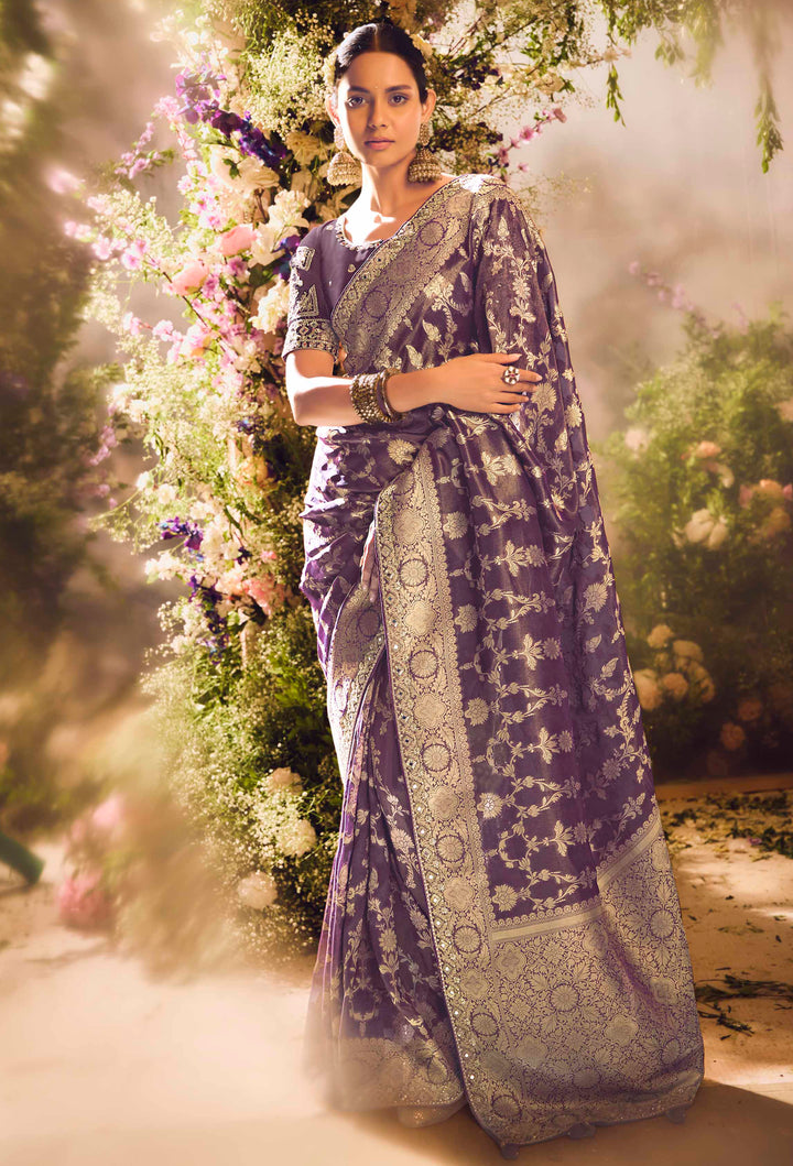 Purple Silk Saree with Jacquard Woven Design, Embroidered Lace Border & Matching Blouse