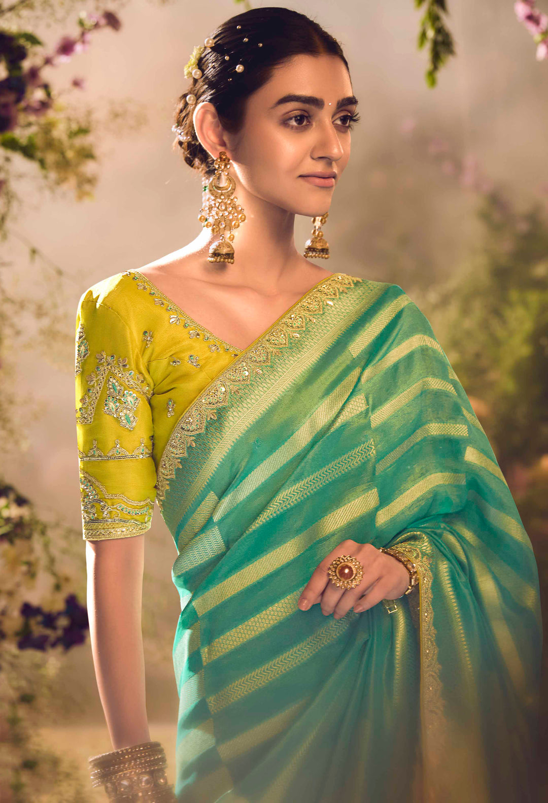 Rama Green Silk Saree with Jacquard Woven Design, Embroidered Lace Border & Lemon Blouse