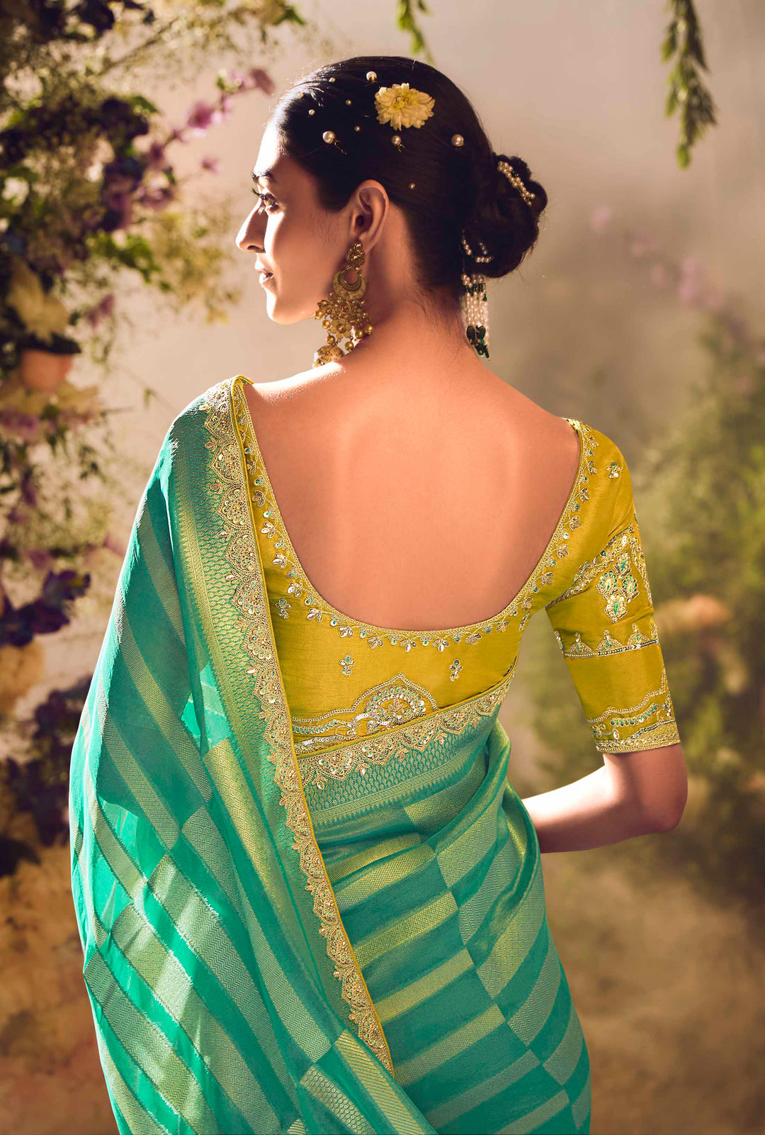 Rama Green Silk Saree with Jacquard Woven Design, Embroidered Lace Border & Lemon Blouse