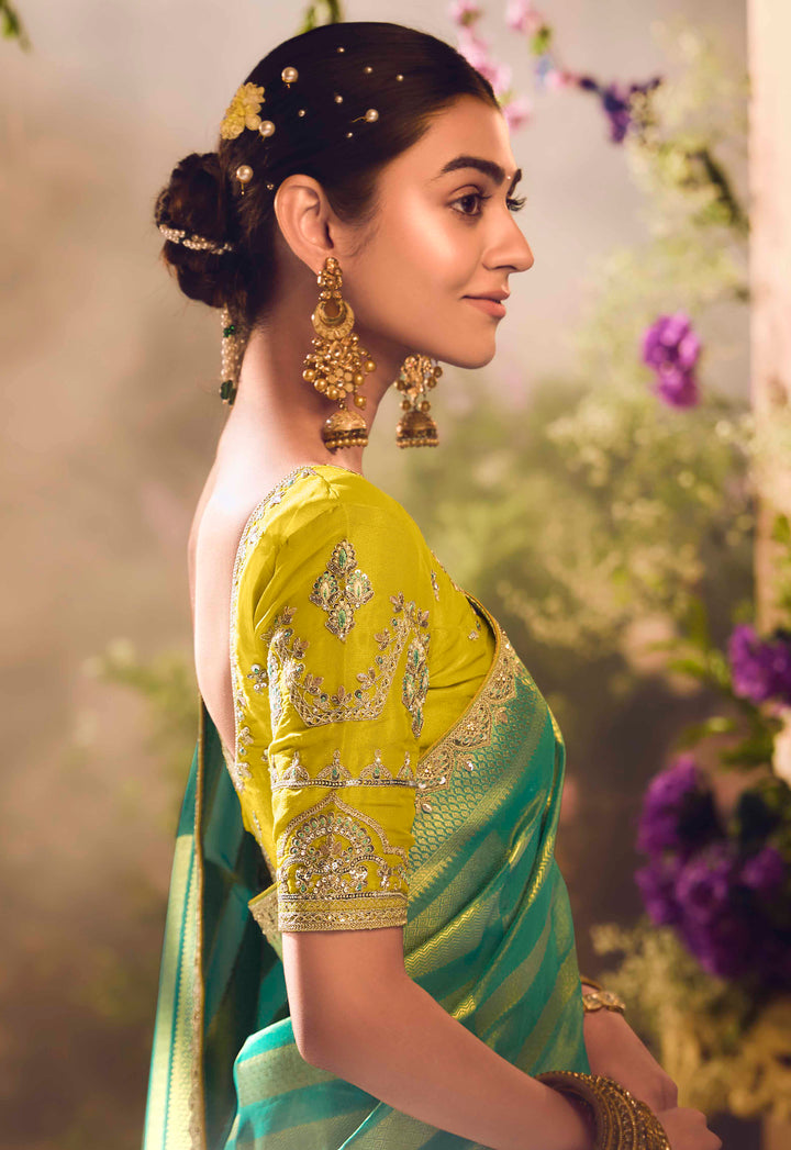 Rama Green Silk Saree with Jacquard Woven Design, Embroidered Lace Border & Lemon Blouse