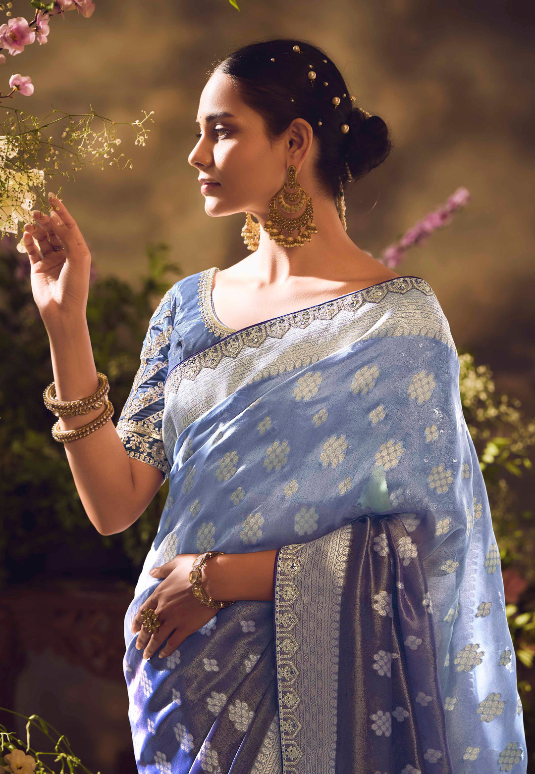 Blue Silk Saree with Jacquard Woven Design, Embroidered Lace Border & Matching Blouse