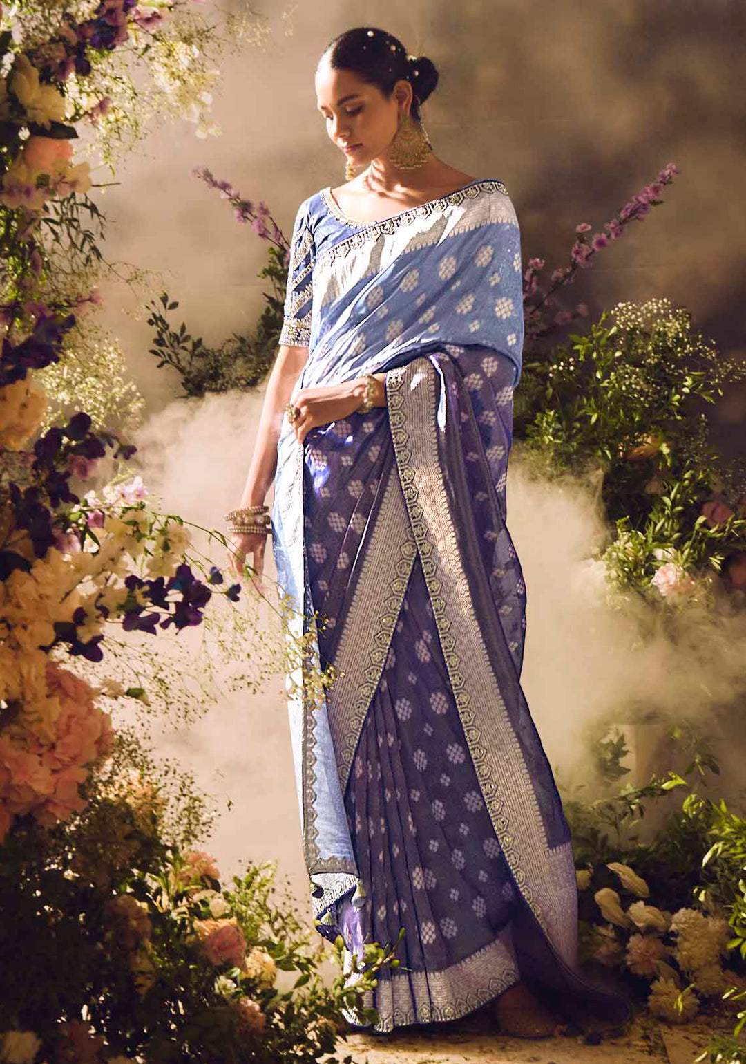 Blue Silk Saree with Jacquard Woven Design, Embroidered Lace Border & Matching Blouse