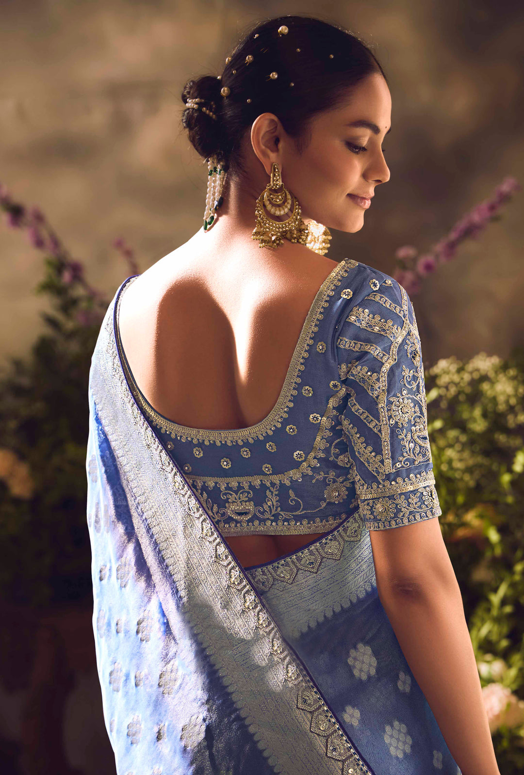 Blue Silk Saree with Jacquard Woven Design, Embroidered Lace Border & Matching Blouse