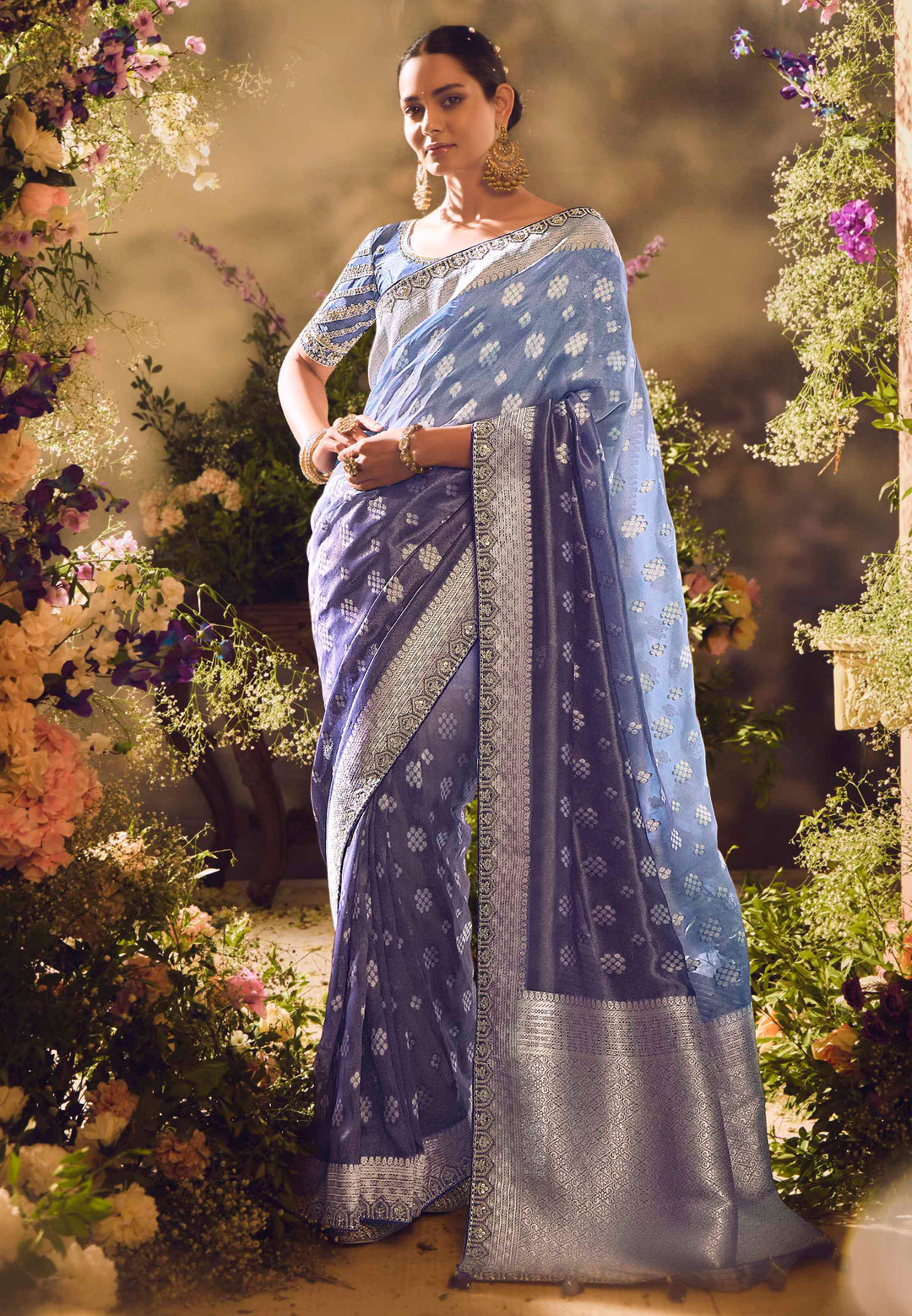 Blue Silk Saree with Jacquard Woven Design, Embroidered Lace Border & Matching Blouse