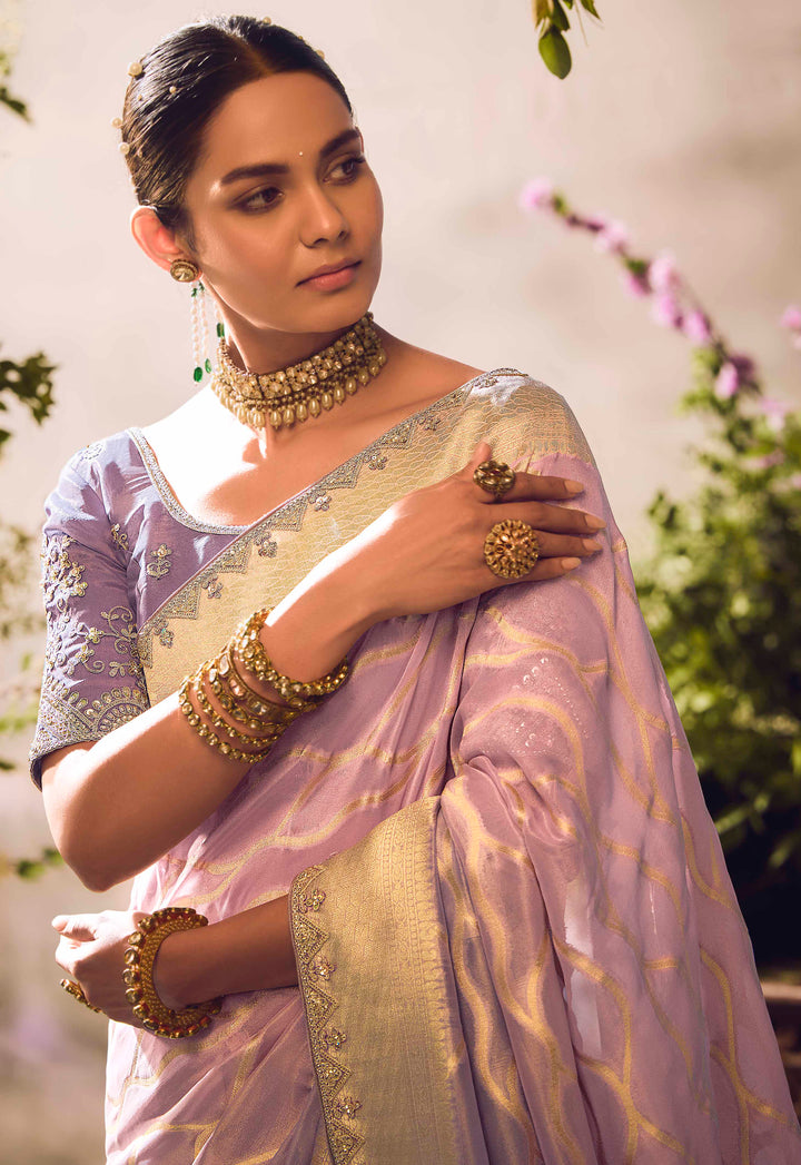 Light Mauve Silk Saree with Jacquard Woven Design, Embroidered Lace Border & Mauve Blouse