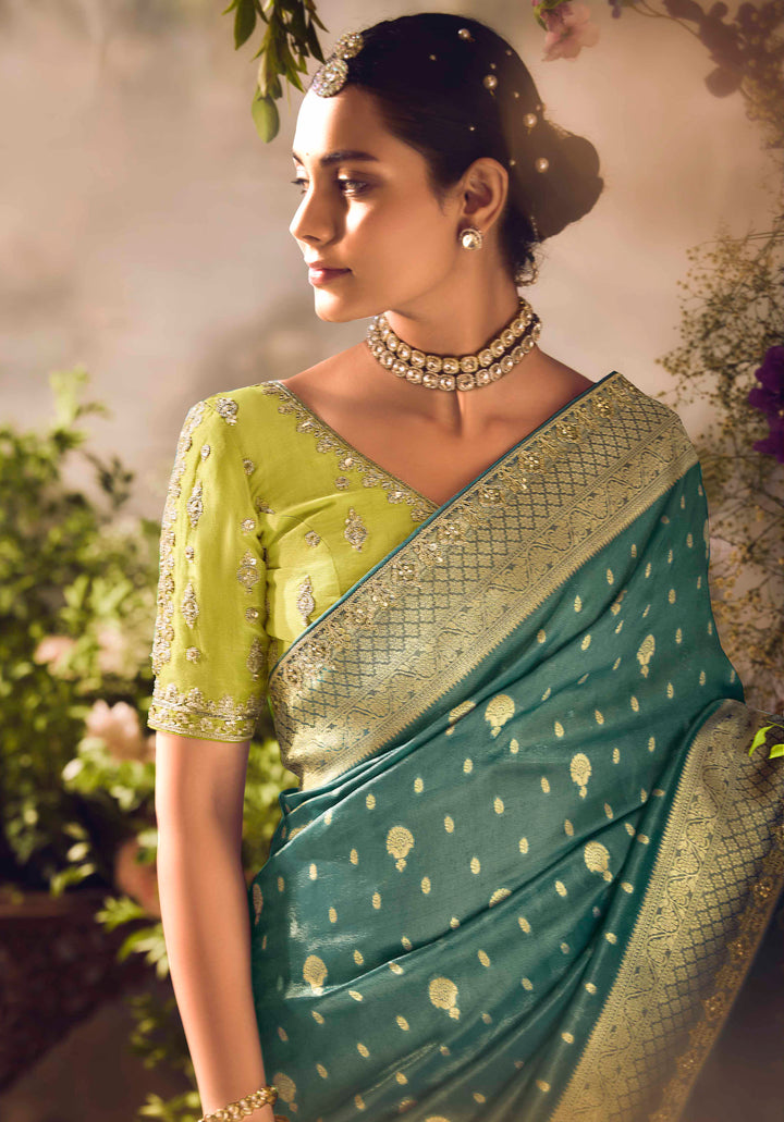 Teal Silk Saree with Jacquard Woven Design, Embroidered Lace Border & Lime Blouse