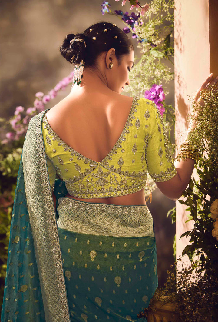 Teal Silk Saree with Jacquard Woven Design, Embroidered Lace Border & Lime Blouse