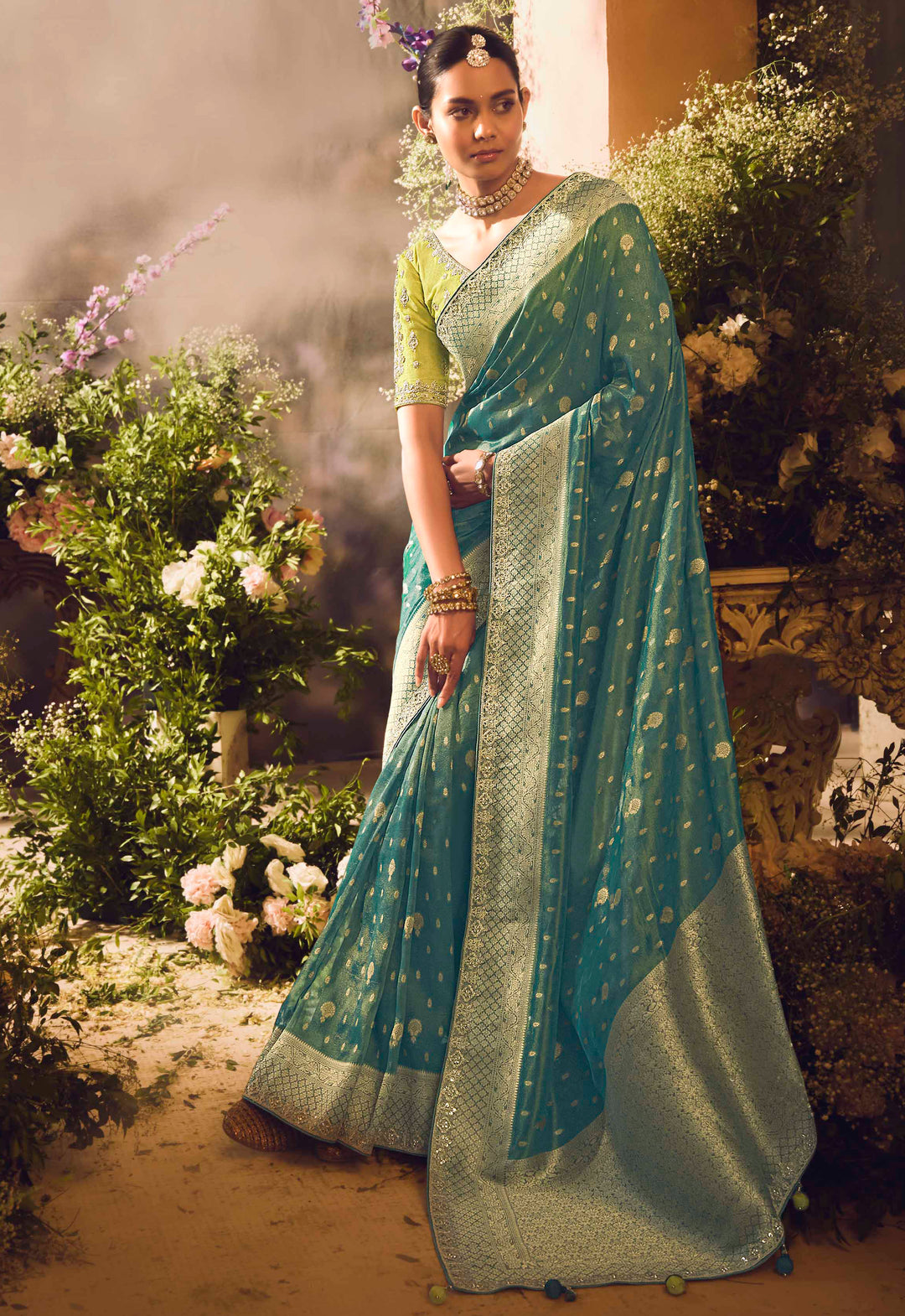 Teal Silk Saree with Jacquard Woven Design, Embroidered Lace Border & Lime Blouse