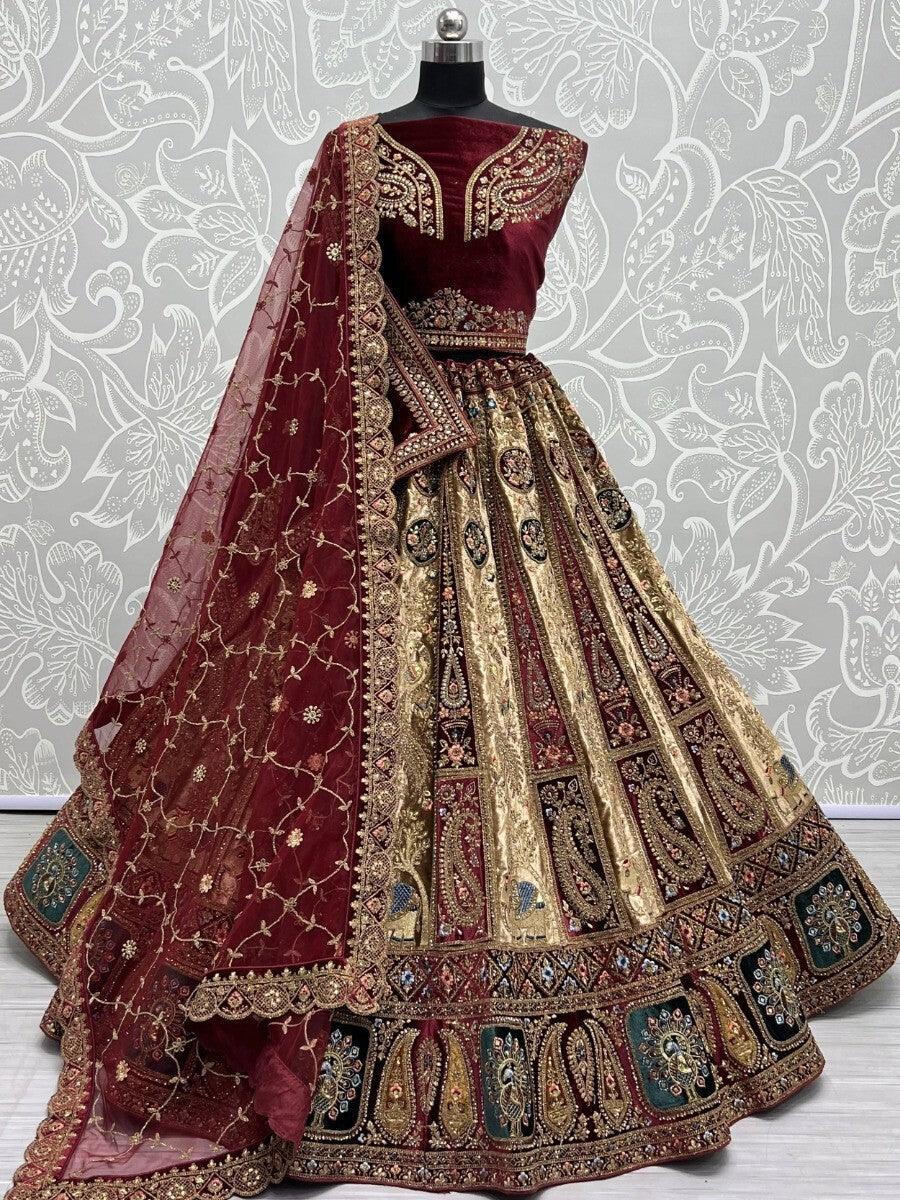 Fancy Brown Velvet Lehenga Choli | Bridal Dress with Double Dupatta & Diamond Work